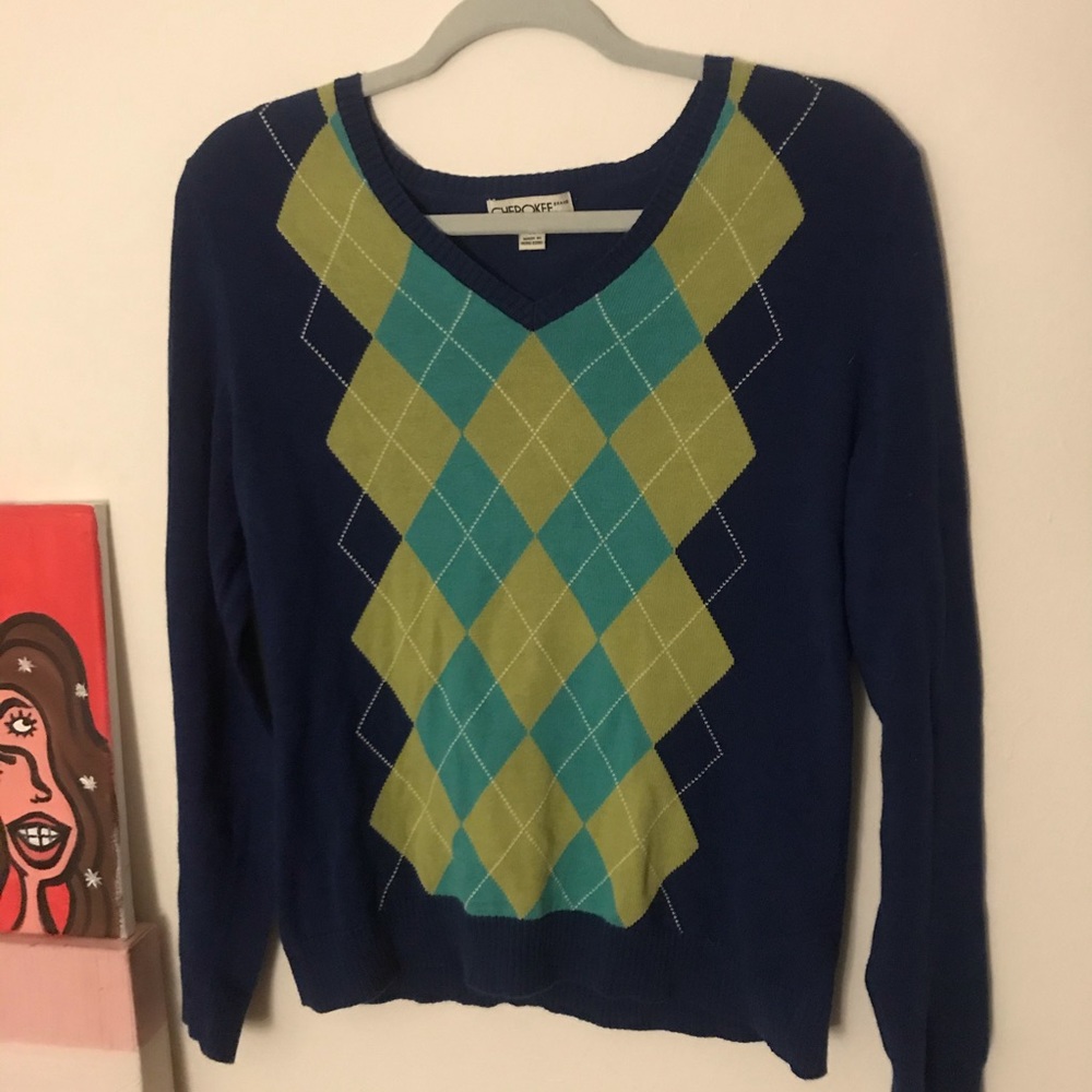 Blue and green argyle long sleeve sweater